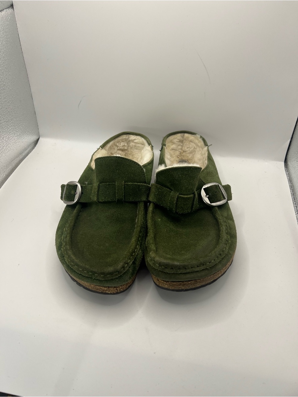 Birkenstock Olive Green Suede Shearling Clogs with Buckle - Picture 9 of 13